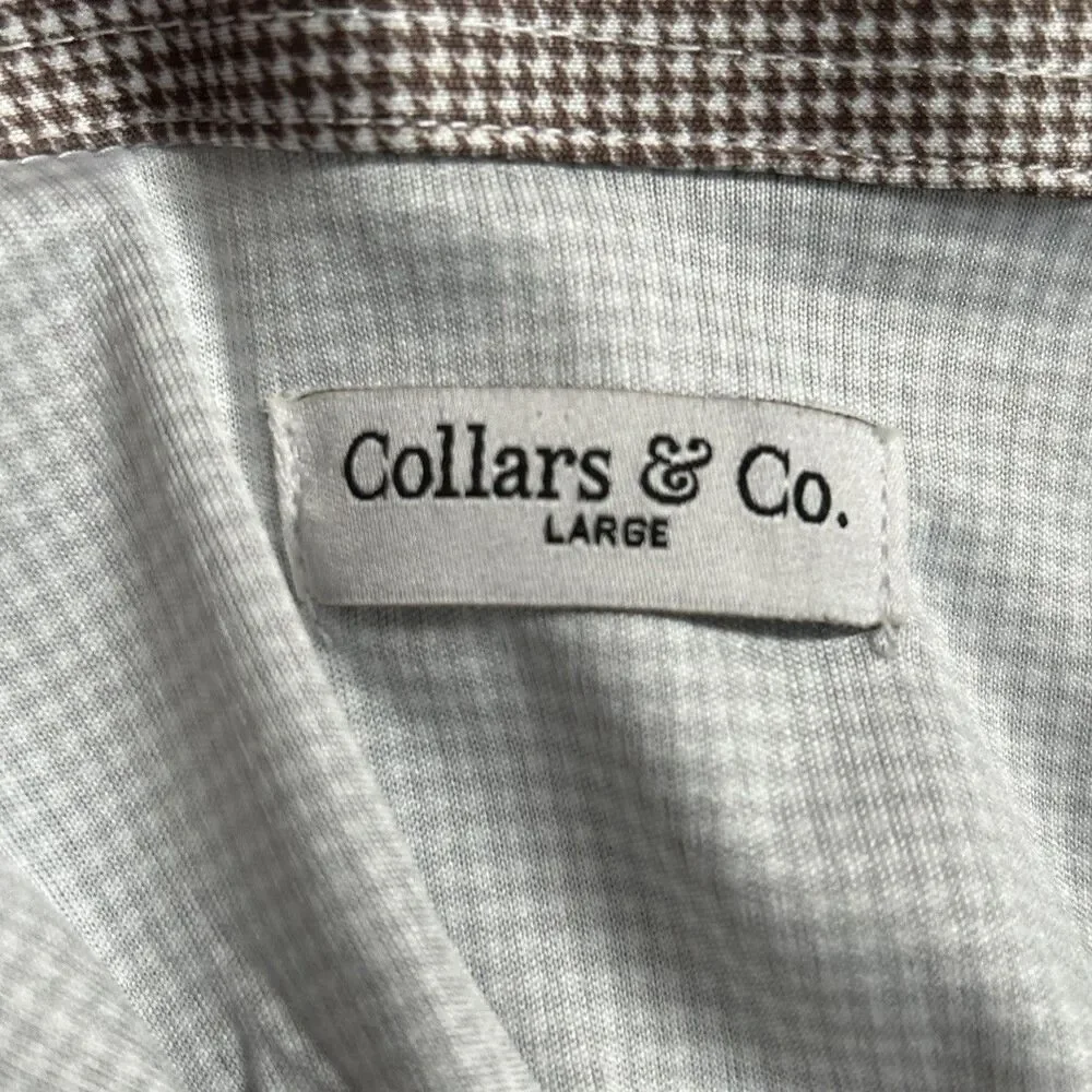 Collars & Co Polo Shirt Mens L Brown Houndstooth Dress Collar Preppy Stretch NWT - Picture 3 of 10
